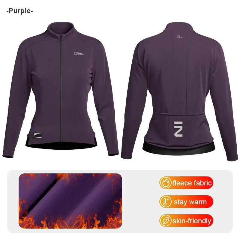 Womens Winter Fleece Cycling Jersey in purple, featuring fleece fabric for warmth, snug fit, and stylish design.