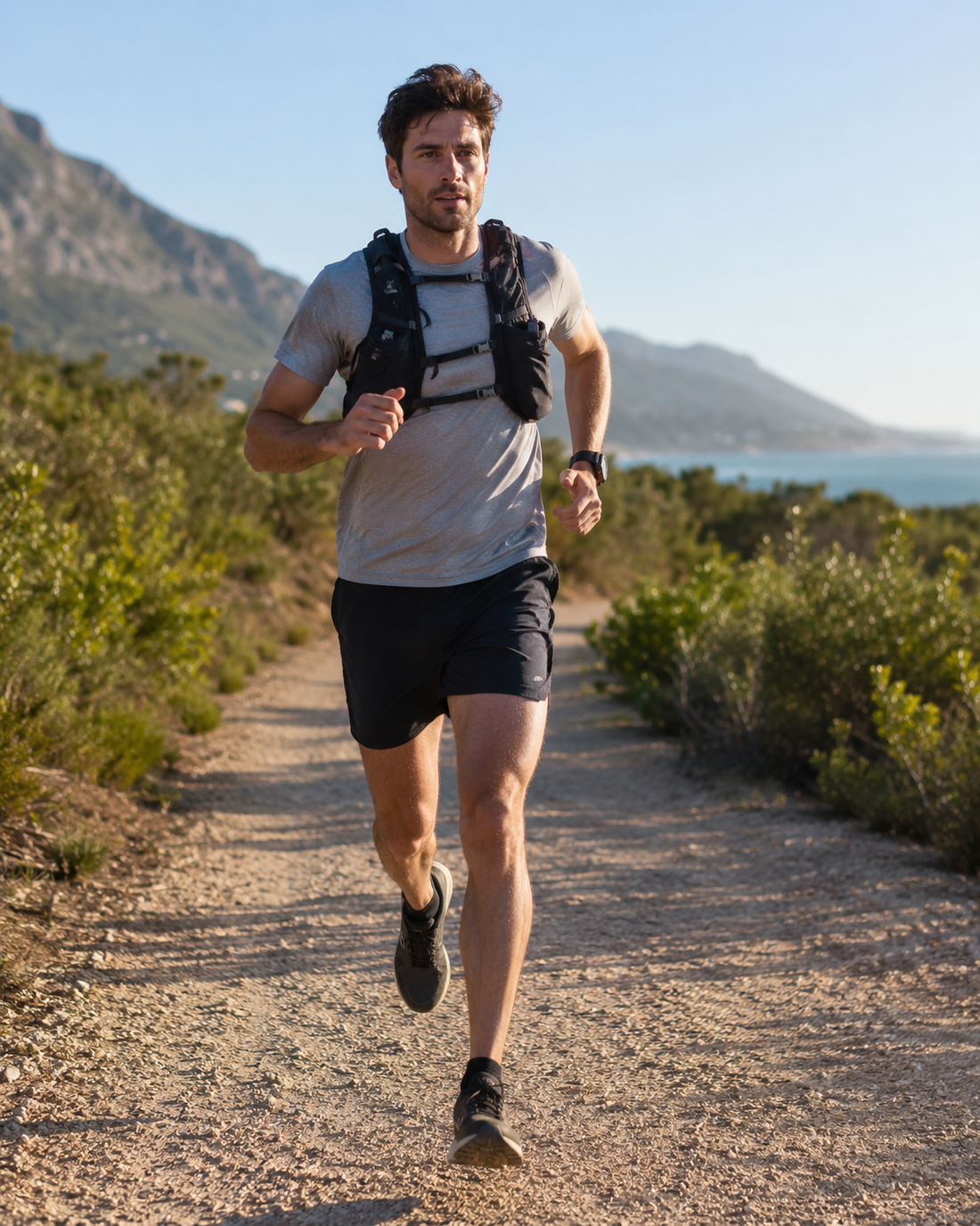 Beginner runner wearing lightweight running backpack and outdoor fitness gear