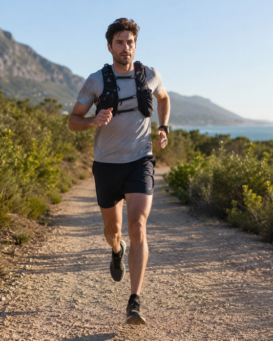 Beginner runner wearing lightweight running backpack and outdoor fitness gear