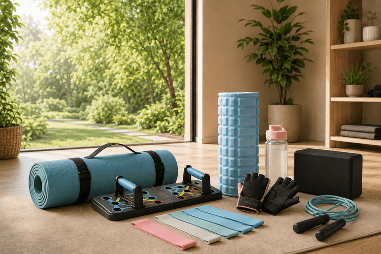 Home Training Fitness Equipment including yoga mat, resistance bands, foam roller, water bottle, and jump rope.