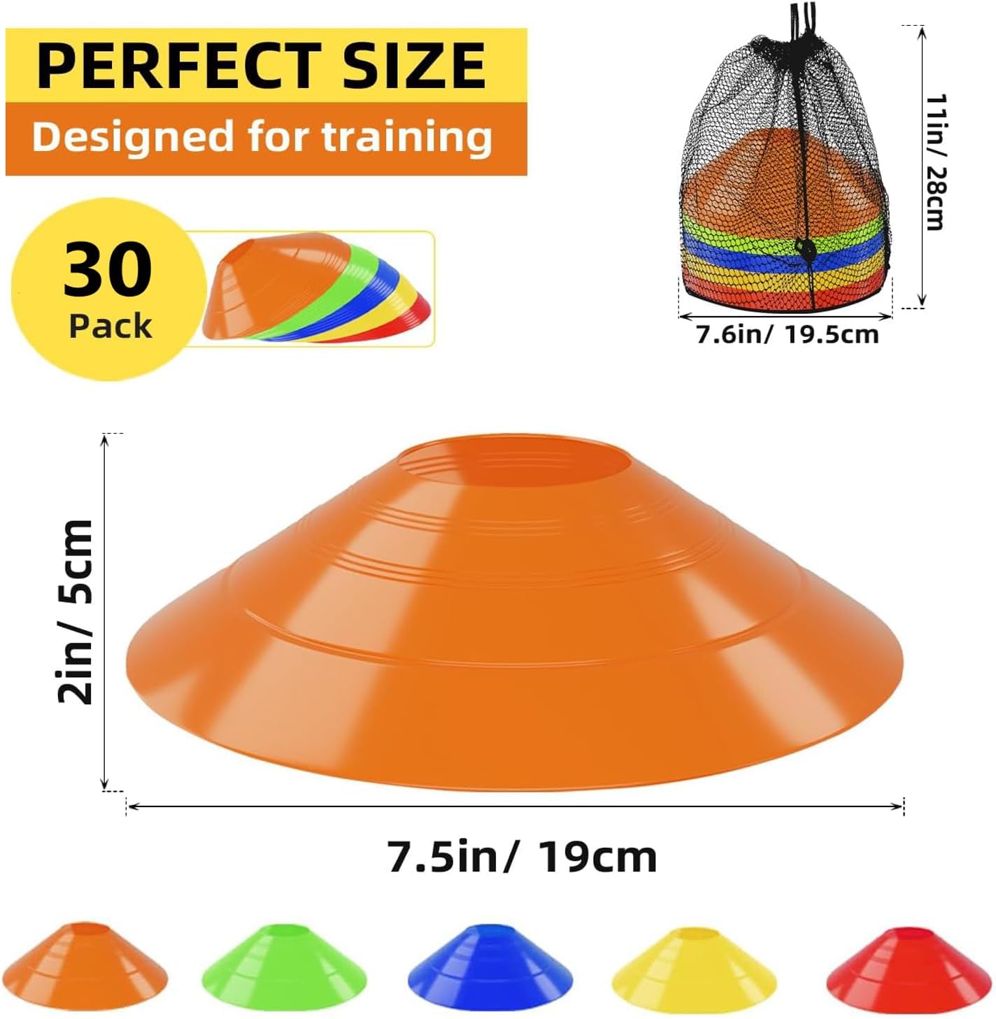 30 Pack Soccer Cones, Disc Cones for Sports Training with Mesh Bag, Sports Cones for Training Drills Practice