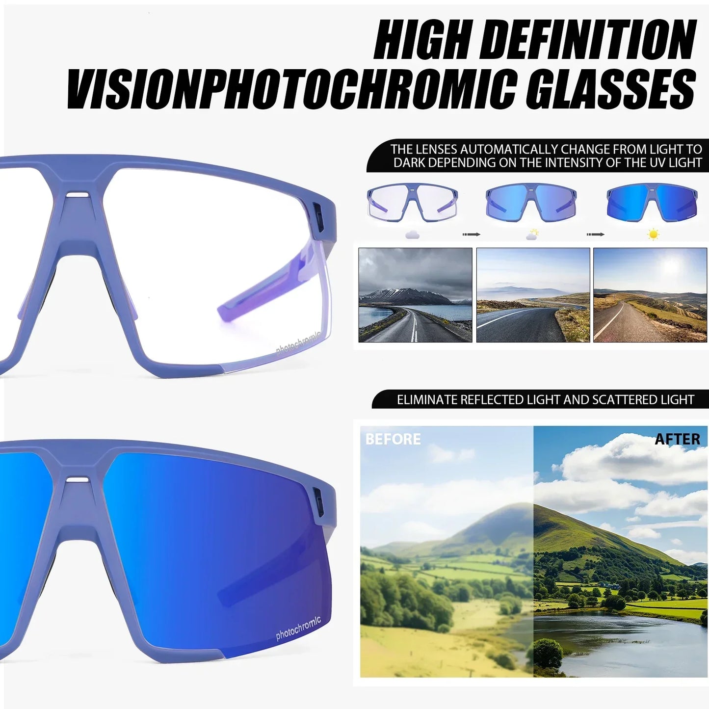 Photochromic Cycling Sunglasses UV400 — MTB & Road Bike Sports Eyewear