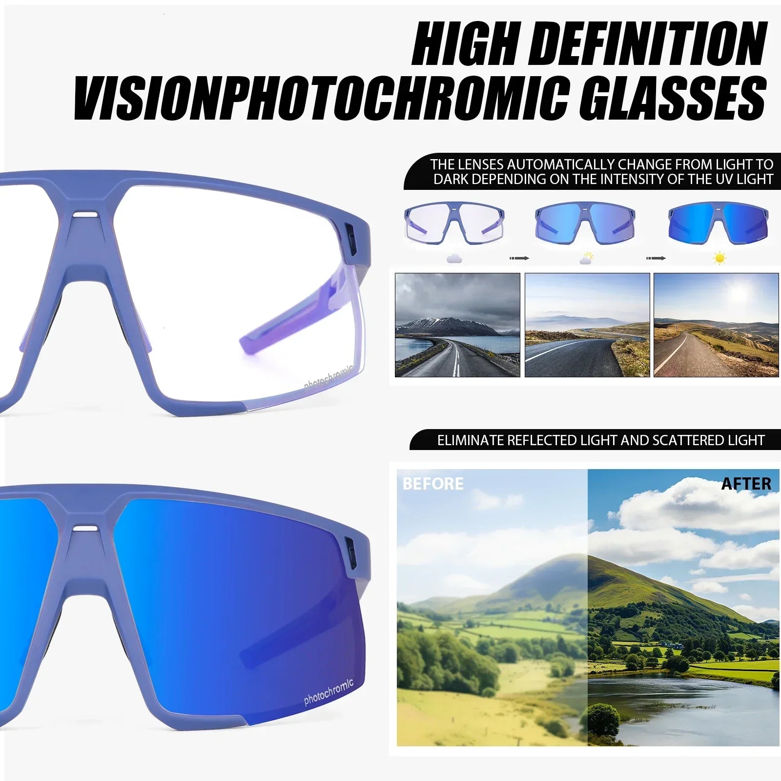 Photochromic Cycling Sunglasses UV400 — MTB & Road Bike Sports Eyewear