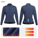 Womens Winter Fleece Cycling Jersey in purple, featuring fleece fabric for warmth, snug fit, and stylish design.