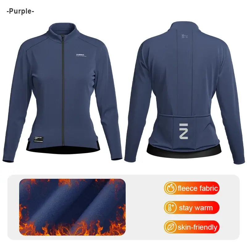 Womens Winter Fleece Cycling Jersey in purple, featuring fleece fabric for warmth, snug fit, and stylish design.
