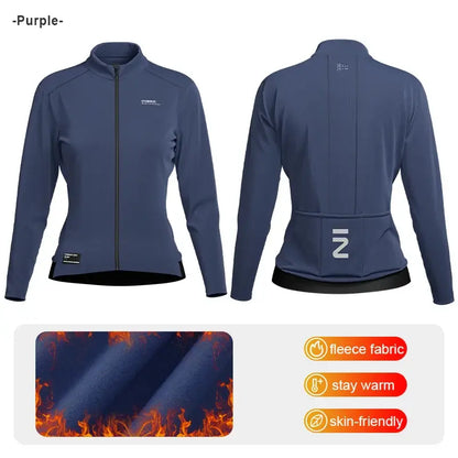 Womens Winter Fleece Cycling Jersey in purple, featuring fleece fabric for warmth, snug fit, and stylish design.