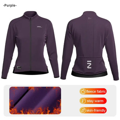 Womens Winter Fleece Cycling Jersey in purple, featuring fleece fabric for warmth, snug fit, and stylish design.