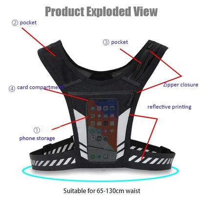 Reflective Running Vest Backpack for safe and organized storage during jogging and outdoor activities.